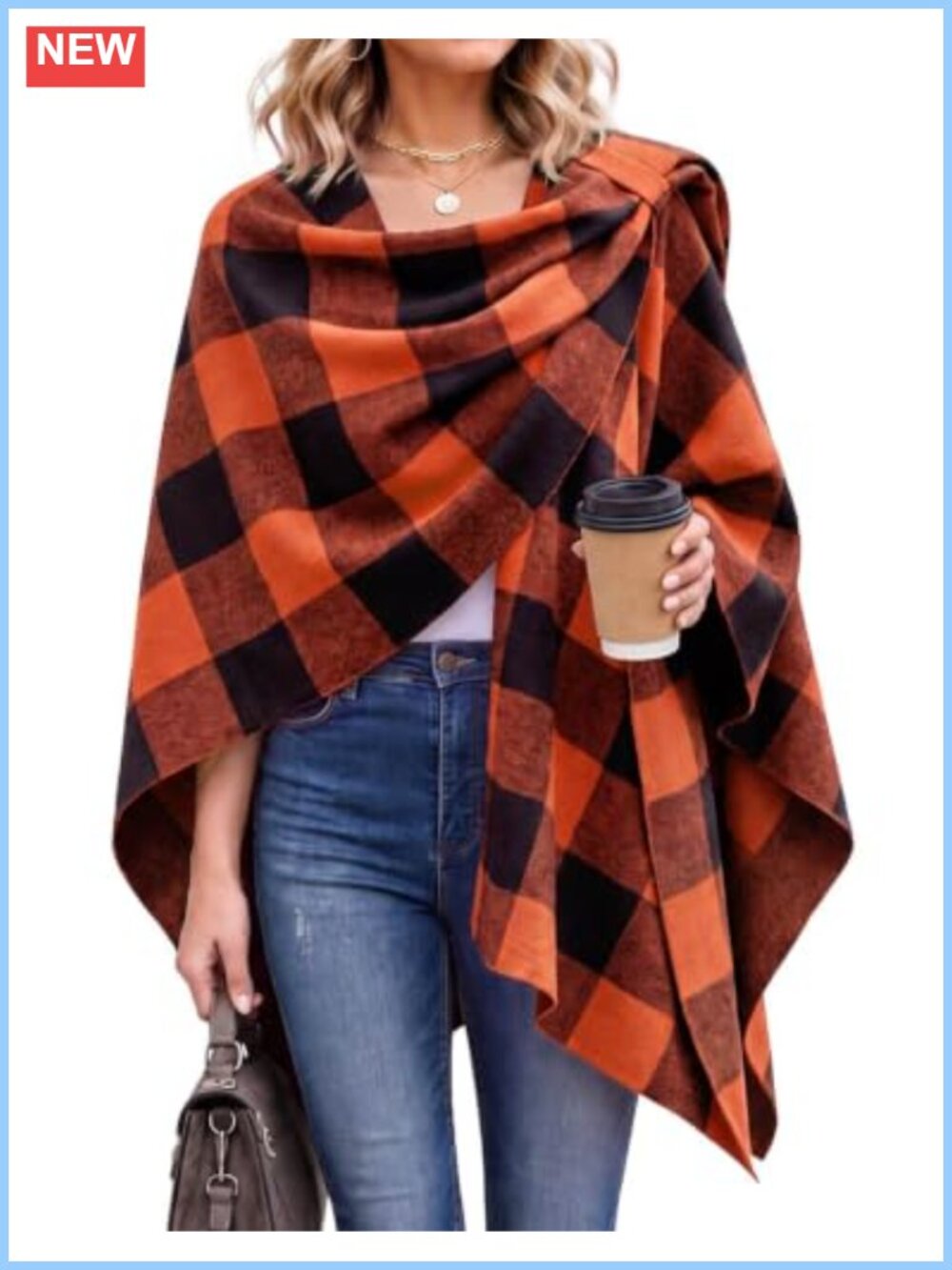 Plaid Knit Shawl Wrap Poncho Cape Sweater with Asymmetrical Hem